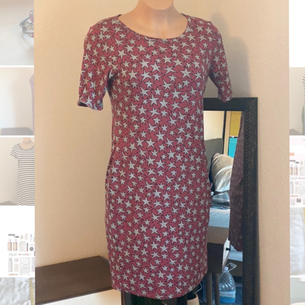 Light red with gray stars Julia knee length fitted dress